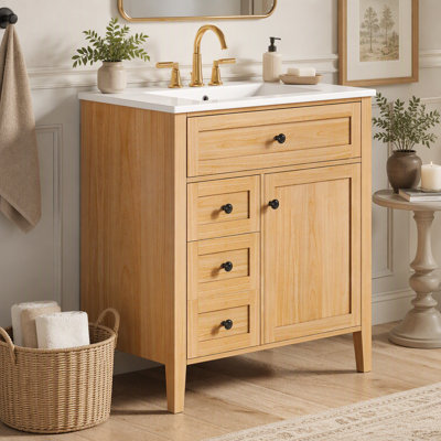 Meuble-lavabo de salle de bain de 76 cm (30 pouces) en bois naturel avec lavabo en céramique, pieds en bois massif, tiroirs à fermeture douce et tablette réglable, meuble de salle de bain multi-rangement pour la maison