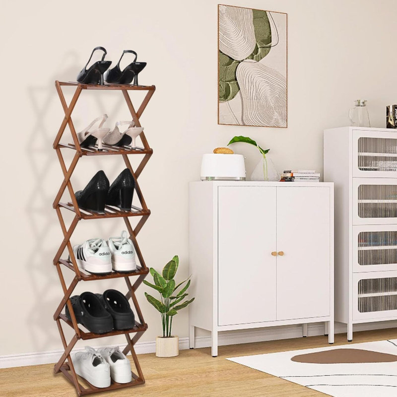 Étagère à chaussures pliable en bambou étagère à chaussures 6 niveaux, Walnut