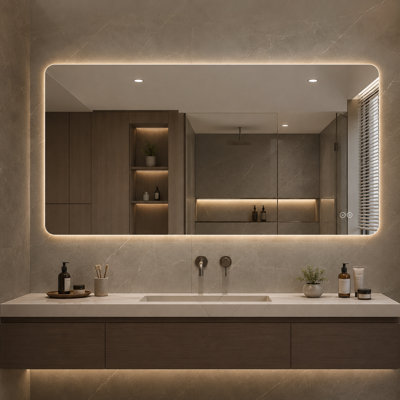 71" x 36"Frameless Rounded Rectangle LED Backlit Bathroom Mirror with Anti-Fog, 3-Color Dimmable Light and Touch Control