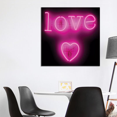 Neon Love Heart Pink on Black 1 Piece Wrapped Canvas Wall Art