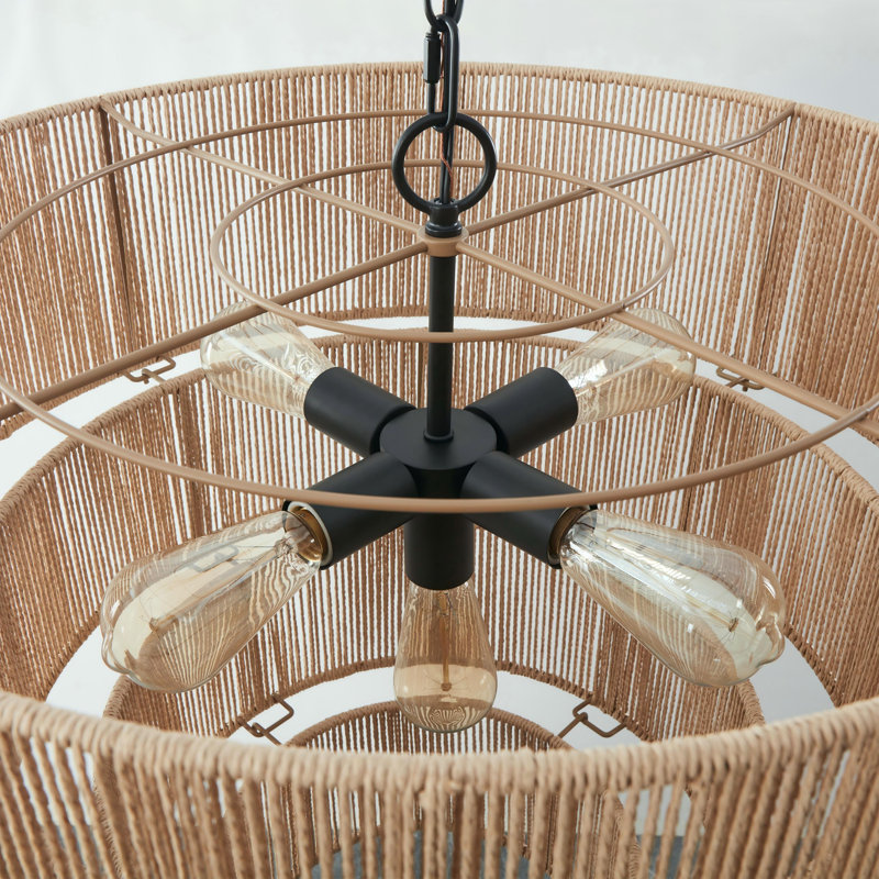 Aleris 5 - Light Shaded Tiered Rattan Pendant, Beige Paper Strings