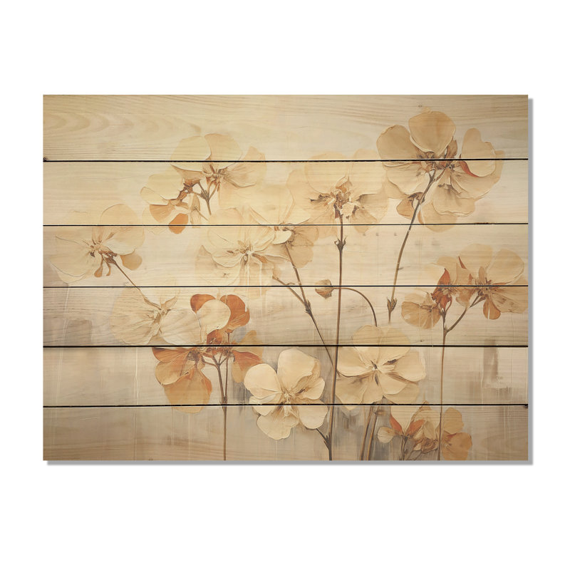 Minimalisme, géraniums beige et bleu I - art mural en bois de géraniums sur bois de pin naturel, H 10 po x l 20 po