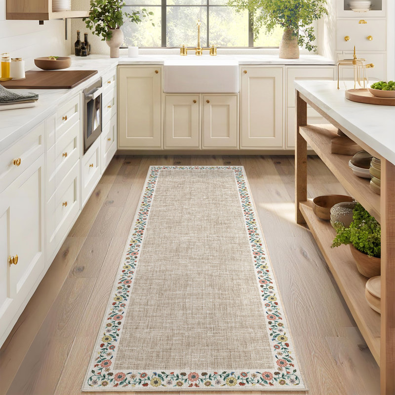 Washable Living Room Rug Floral Bordered Area Rugs Soft Thin Indoor Carpet for Bedroom Modern Throw Aesthetic Mat Non Slip Stain Resistant Carpet for Dining Room Office