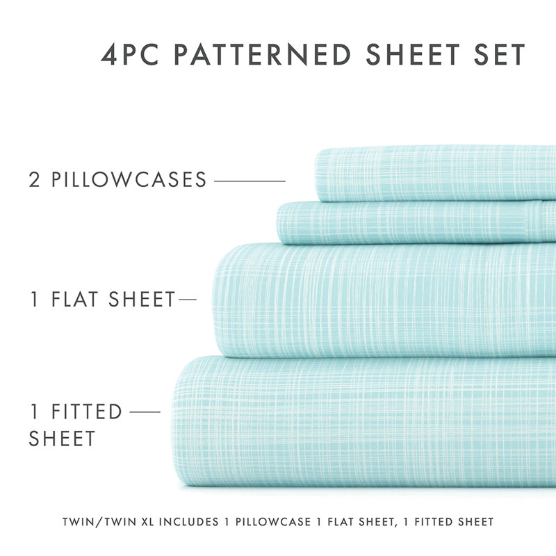Sheet Set Solid Microfiber Ultra Soft Bedding, Aqua Geometric, Twin Sheet Set with 1 Pillowcase