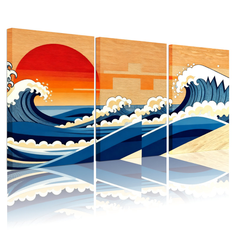 «Nautical & Beach Wave Sunset Ocean Sky Art», ensemble de 3 impressions sur toile, H 24 po x l 48 po
