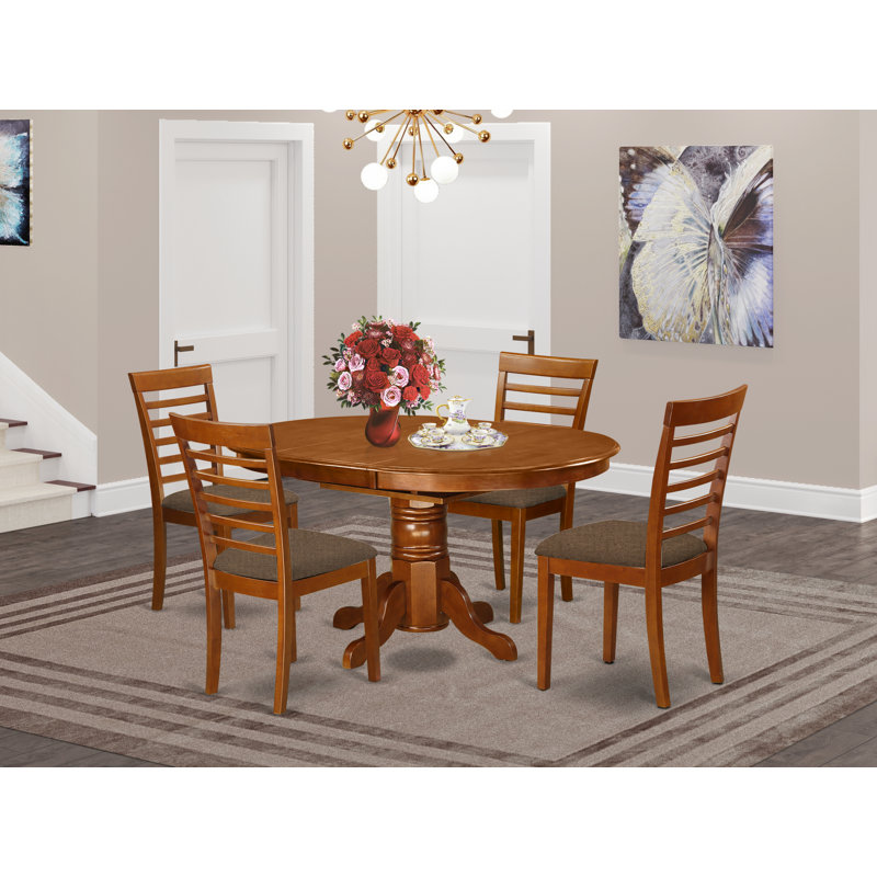 5 Piece Dinette Set for 4 Includes an Oval Dining Room Table with Butterfly Leaf and 4 Linen Fabric Dining Chairs, Saddle Brown