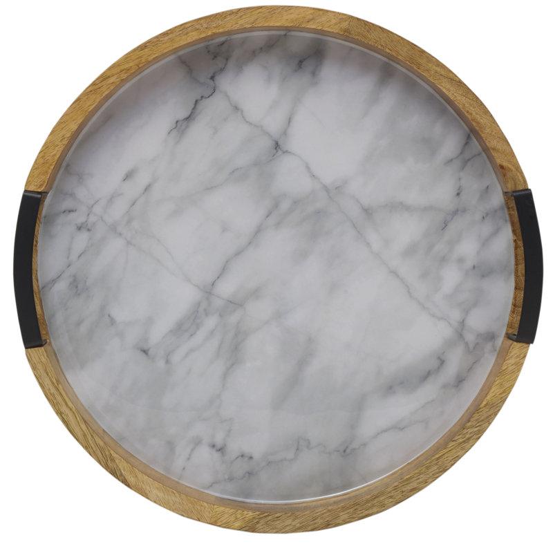 Gray Marble Lazy Susan with Wrought Iron Handles