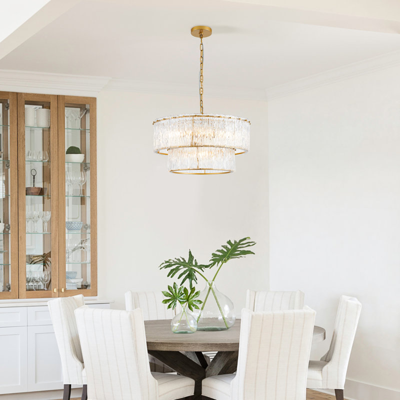 5/8 Light Gold 2-tiered Glass Adjustable Chandelier, 14.25" H x 24.37" W x 24.37" D, 5 Lights