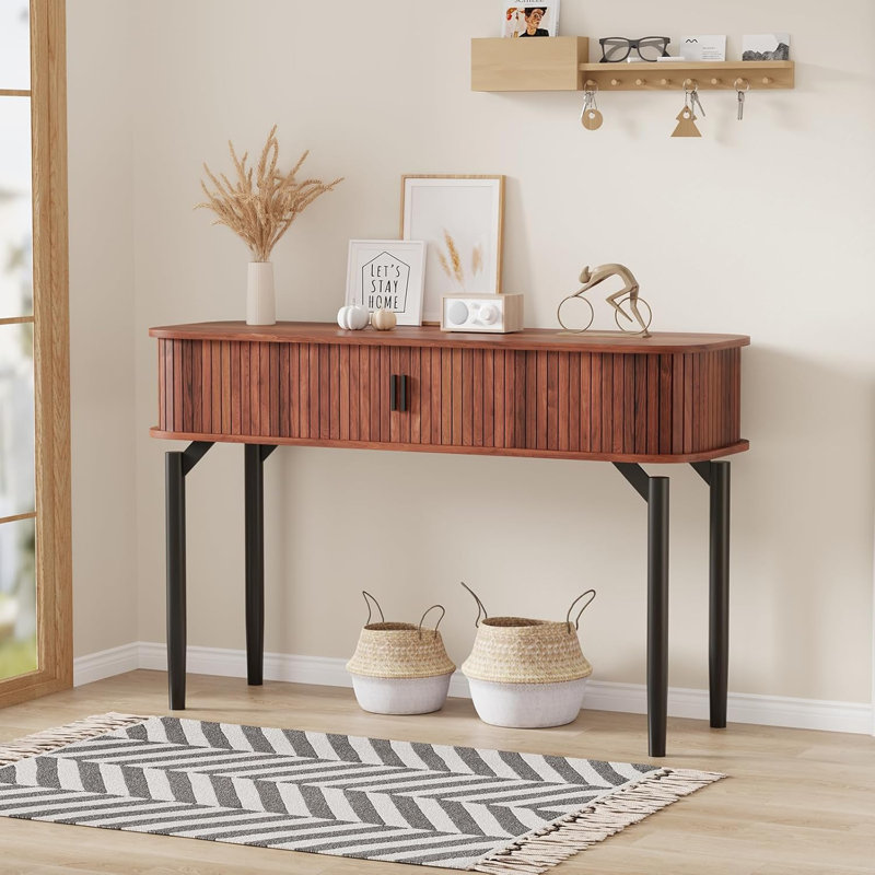 Fluted Console Table with Storage,Wood Sofa Table with Sliding Door,Entryway Table with Storage Space for Living Room