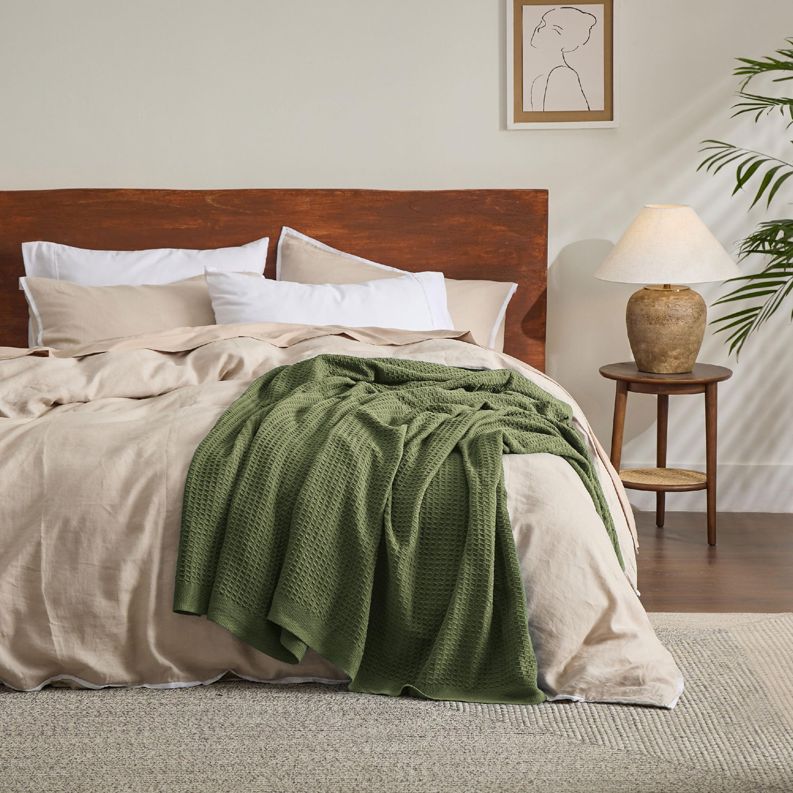 Bedsure Cotton Waffle Weave Throw Blanket, Twin XL, Olive Green
