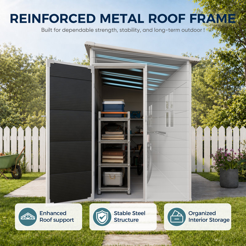 Kirklin 4X8 FT Resin Lean To Shed, Waterproof Outdoor Storage Sheds With Floor & Lockable Door & 2 Windows, Vent, Plastic Tool Shed For Outside, Backyard, Patio, Poolside, Gray