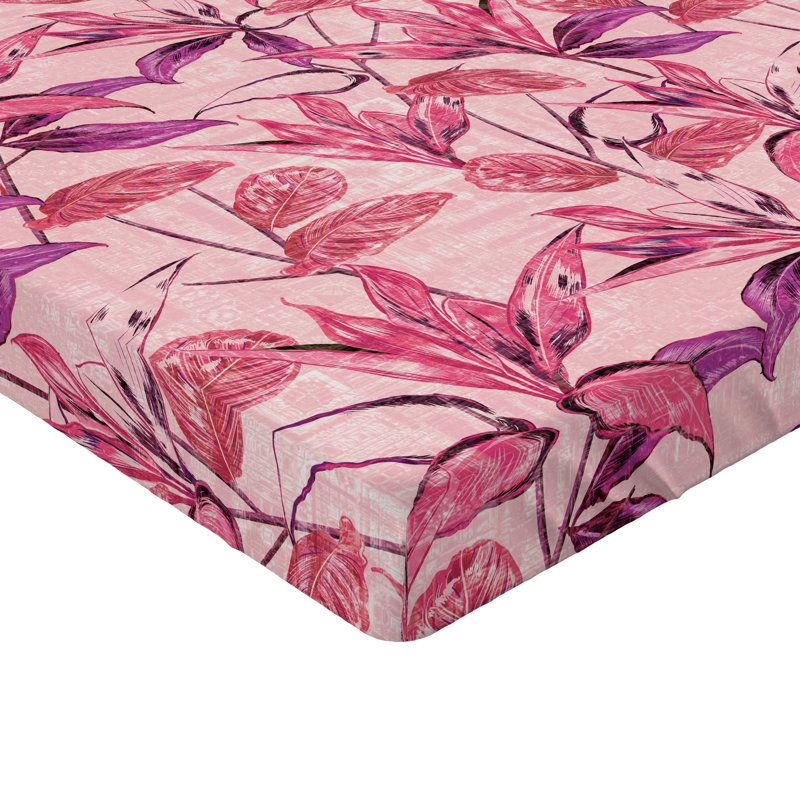 Ambesonne Tropical Fitted Sheet Dreamy Exotic Leaves Print Dark Magenta and Hot Pink