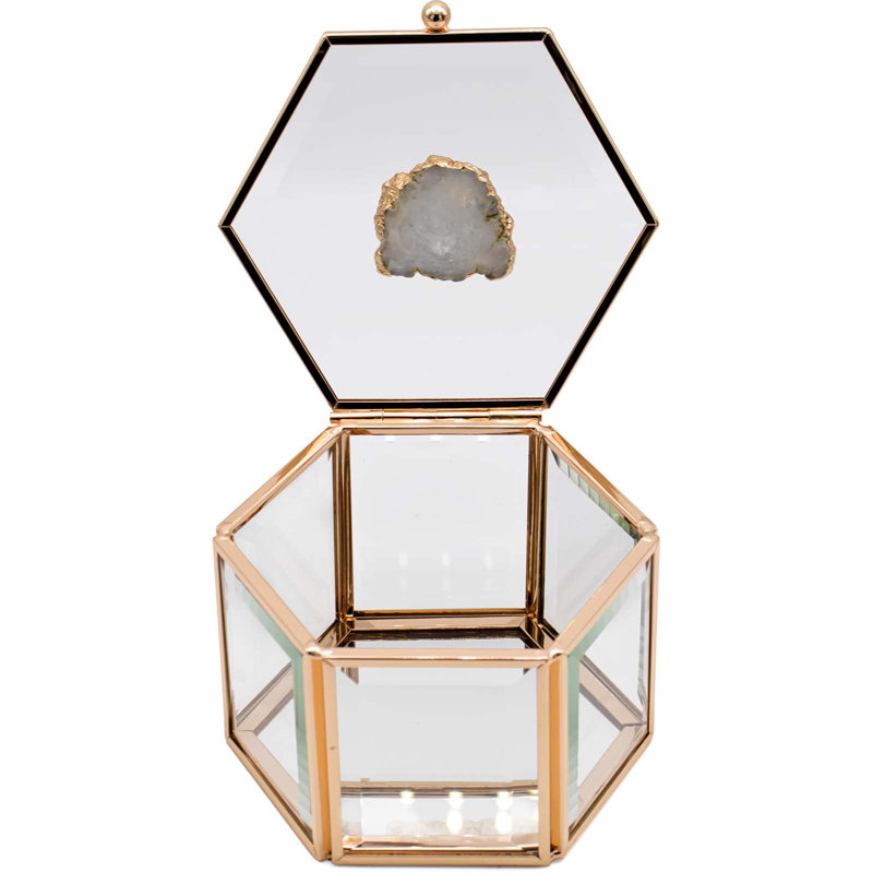Hexagon Glass Jewellery Box in Gold with Agate Crystal