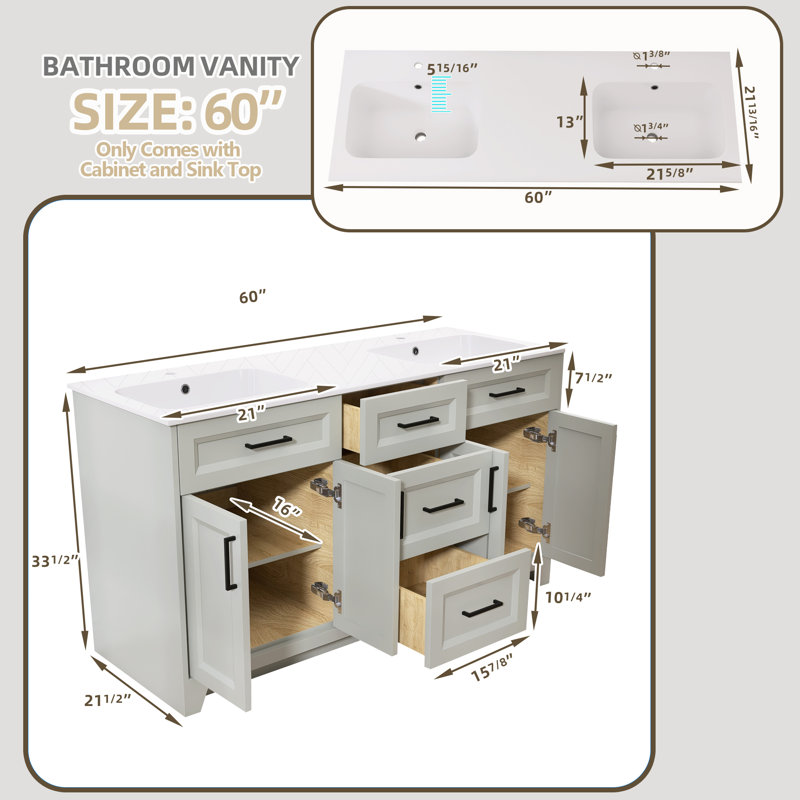 Ensemble de meuble-lavabo autoportant classique en bois massif avec lavabo double 60 po, Gris clair