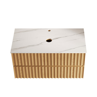 Base de meuble-lavabo flottante murale 35,83 "avec comptoir en pierre frittée et 2 tiroirs, base de meuble-lavabo mural en bois avec tuyau d'évacuation, assemblage facile