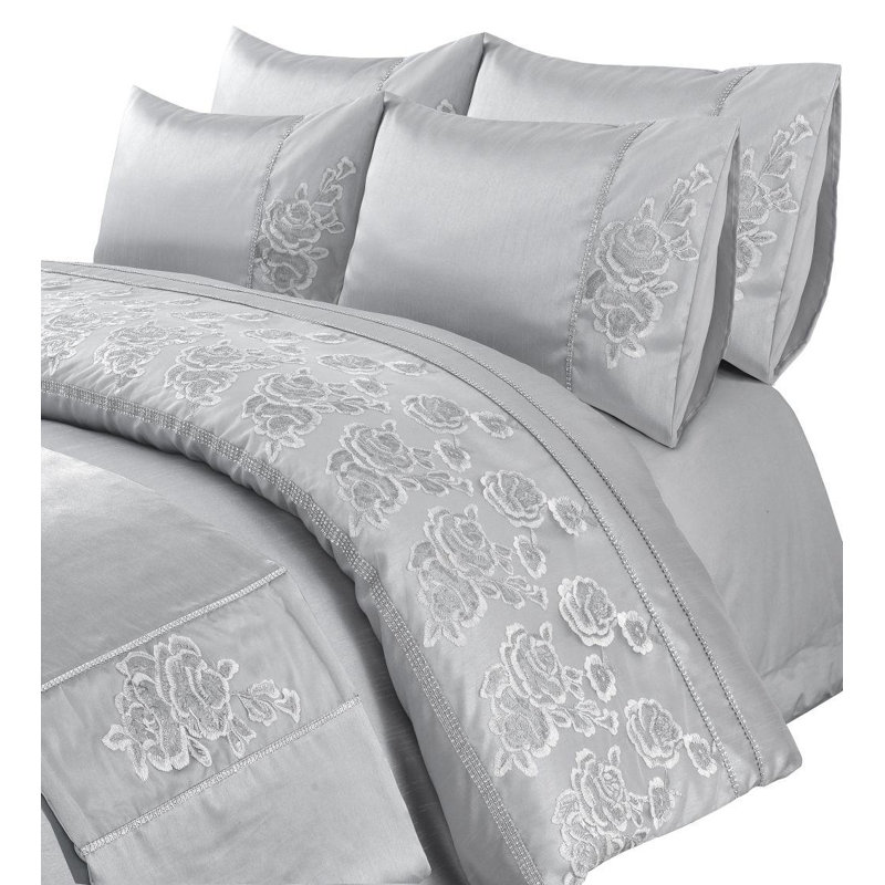 Amara Embroidered Duvet Cover Set With Pillowcases Bedding Set, Double Duvet Cover +2 Standard Pillowcases, Silver
