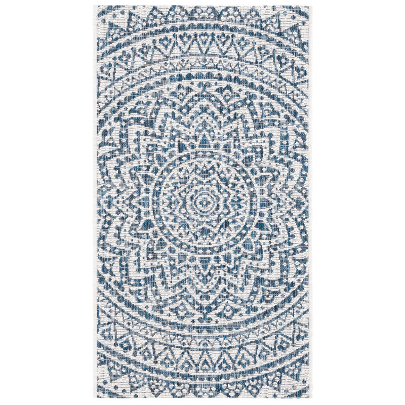 Tapis intérieur / extérieur ivoire / bleu marine Ellefson, Rectangle 2 pi 7 po x 5 pi