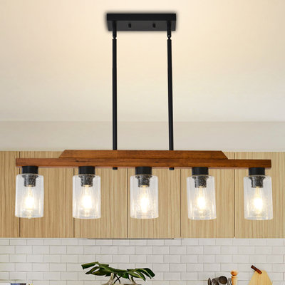  Farmhouse Chandelier 5-Light Dining Room Light Fixture, Farmhouse Linear Kitchen Island Lighting with Seeded Glass Shade, Rustic Wood Ceiling Pendant Light Fixtures