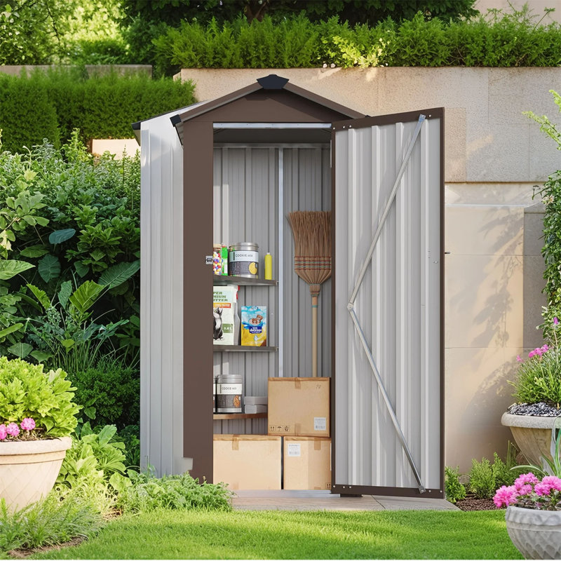 Waterproof Outdoor Storage Cabinet With Shelves, Lockable Metal Tool Shed, Brown