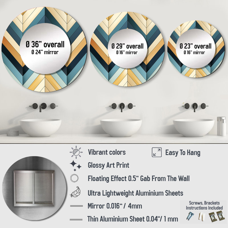 Beige Chevron Mosaic Fusion - chevron  Unique Wall Mirror, Glam Mirror, Printed Metal Art, 23" x 23", Round