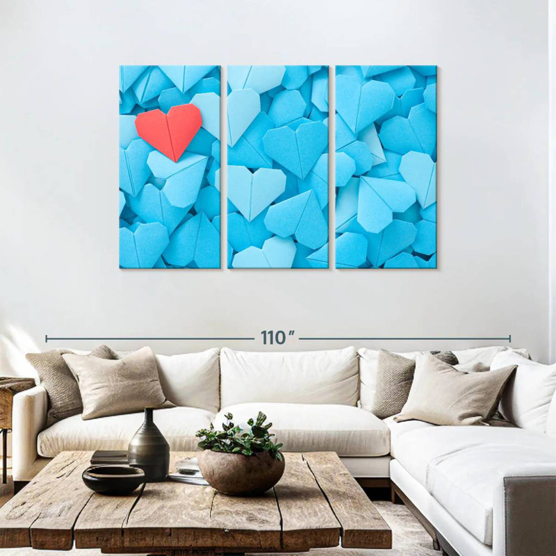 Hardie cœurs d'origami rouge et bleu, H 48 po x l 74 po