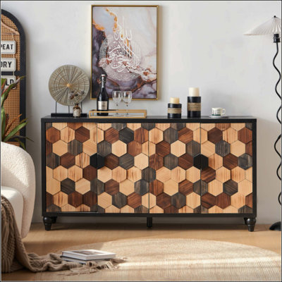 Distressed Storage Cabinet With Honeycomb Pattern, Modern Accent Cabinet With Doors For Entryway Buffet Sideboard Living Room Sideboard