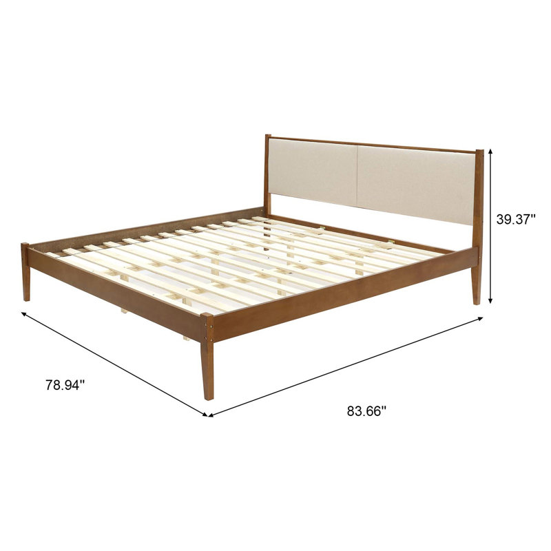 "Lit plateforme tapissier Modern Farmhouse avec structure en bois et tête de lit beige, très grand", Très grand