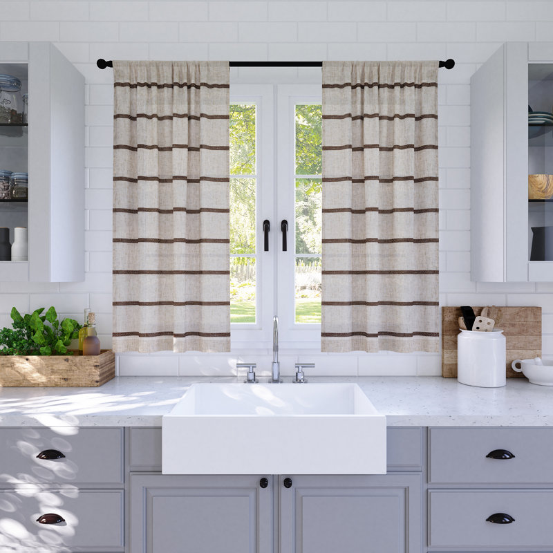 Mocha Linen Striped Sheer Cafe Kitchen Curtains, 52" x 36"