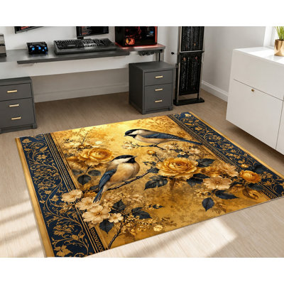 Tapis lavable à la machine à motif floral rétro avec envers antidérapant, tapis oriental jaune doré et bleu, décoration intérieure confortable pour le salon, la chambre à coucher, le couloir, la salle à manger, la cuisine, le patio, l’appartement