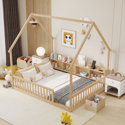 Full Size House Floor Bed with Storage Shelves, LED Lights & Charging Station, Pine Wood Montessori Floor Bed with Safety Guardrails, Natural