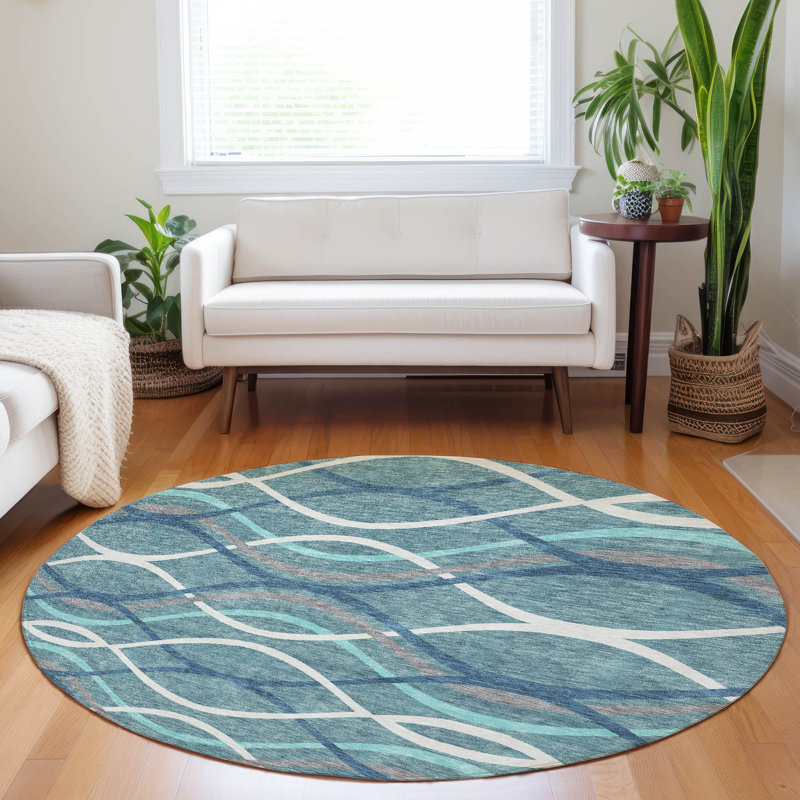 Premium Machine Washable Prisco Teal Rug, Round 8'