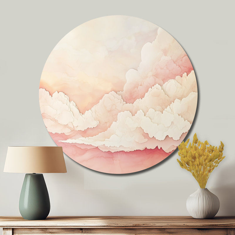 «Pink Watercolor Clouds - Landscape», art mural rond en métal, L 29 po x H 29 po