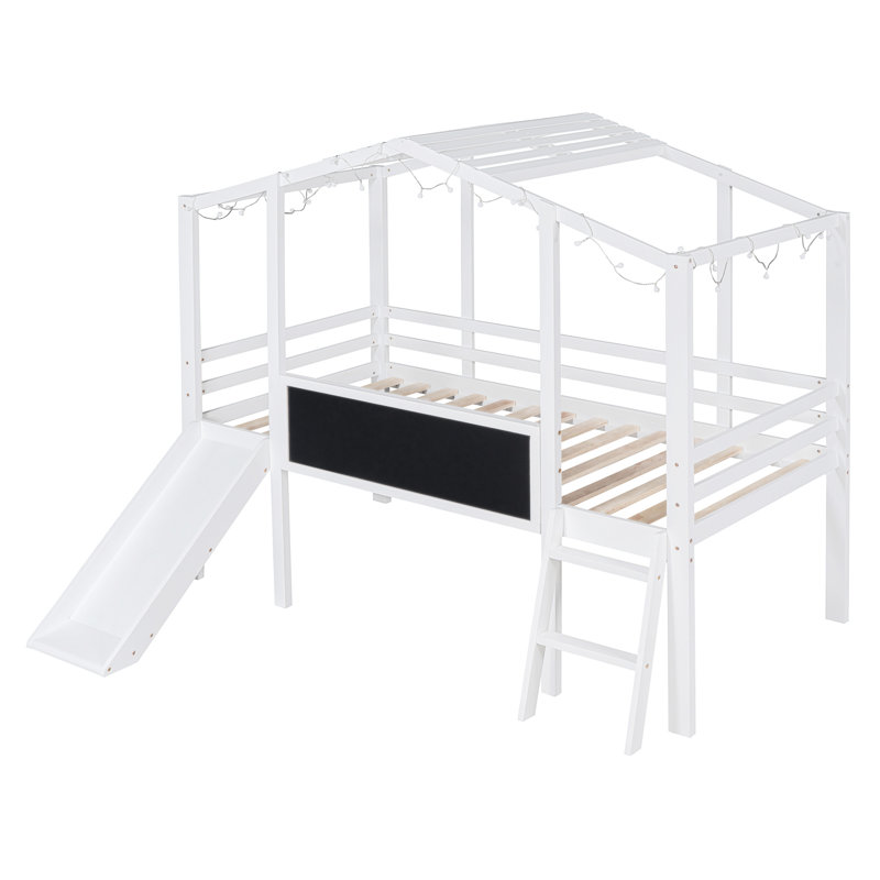 Lit mezzanine simple avec échelle et glissade, lit maison avec tableau noir et bande lumineuse sur le toit, Blanc