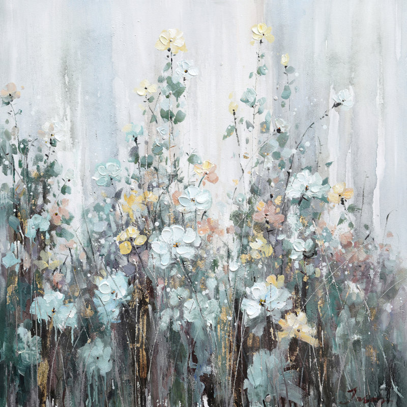 Fleurs dans le coin - peinture sur toile tendue, H 20 po x l 20 po x 1,5 po