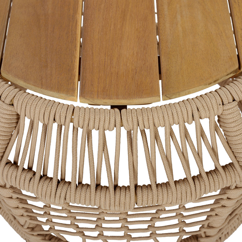Table d'appoint ronde en bois d'acacia avec structure en corde tissée beige clair, plateau en teck, capacité de 150 lb, aucun assemblage requis, table d'appoint résistante aux intempéries pour le salon de patio