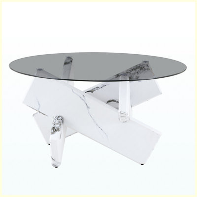Table basse ronde en forme de croix X, plateau en verre trempé gris fumé et base en panneau de fibres à densité moyenne à motif bulgare blanc bulgar