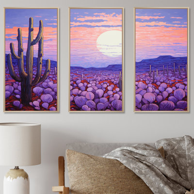Cactus lavande paysage - ensemble d'art mural sur toile cactus floral