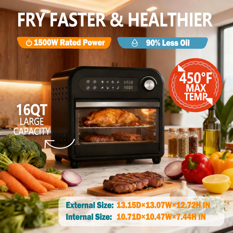16QT Air Fryer Oven Combo, Convection Oven, Fast Preheat & Cooking, Fits 9-inch Pizza, Digital Display & Precise Temperature Control, Stainless Steel, Easy to Clean.