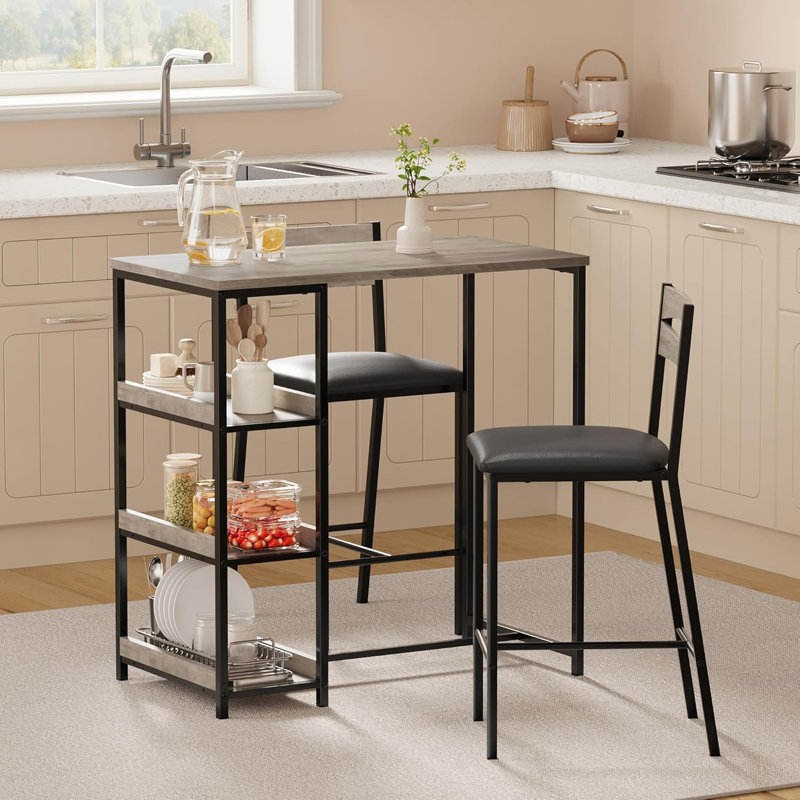 Ensemble de table de cuisine 3 pièces, table de salle à manger 36 "avec tablettes de rangement et 2 chaises rembourrées, gris
