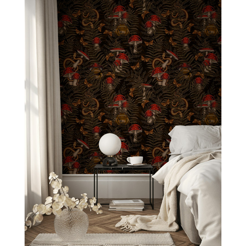 Papier peint forêt mystique avec motif de grenouille serpent champignon
