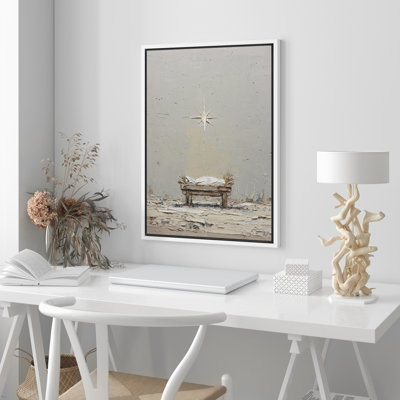 «Minimal Manger and Bethlehem Star Neutral Christian Christmas», reproduction d'art encadrée