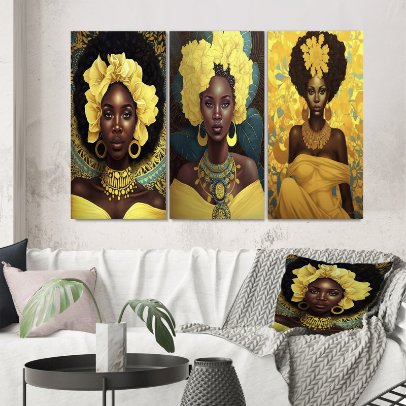 «Orisha Oshun, déesse africaine en jaune», 3 pièces, Toile tendue, H 40 po x l 60 po