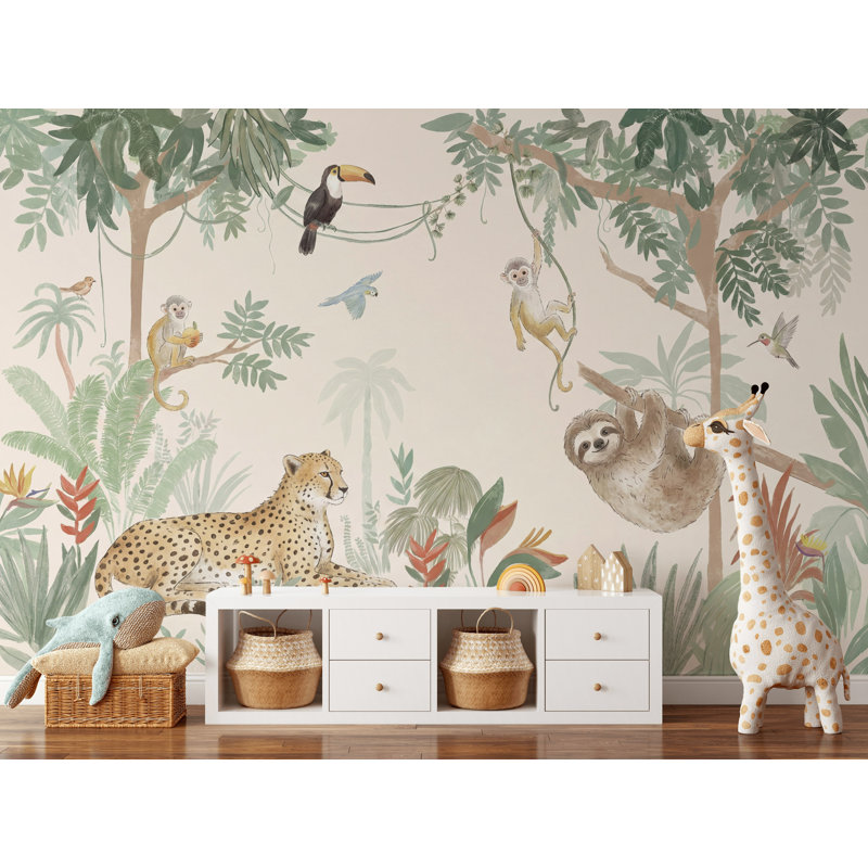 Papier peint jungle animaux tropicaux, 120" x 96", Peler et coller