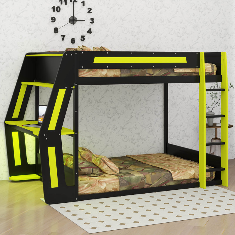 Lit mezzanine double avec bureau et lumière DEL, lit superposé de jeu avec tablettes de rangement, Vert