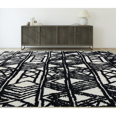 Tapis ivoire et noir noué à la main de haute qualité