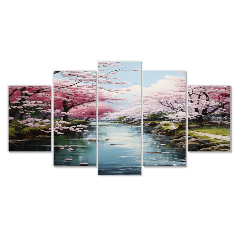 «Cherry Blossom Spring River», ensemble d'art mural 5 pièces, H 32 po x l 60 po