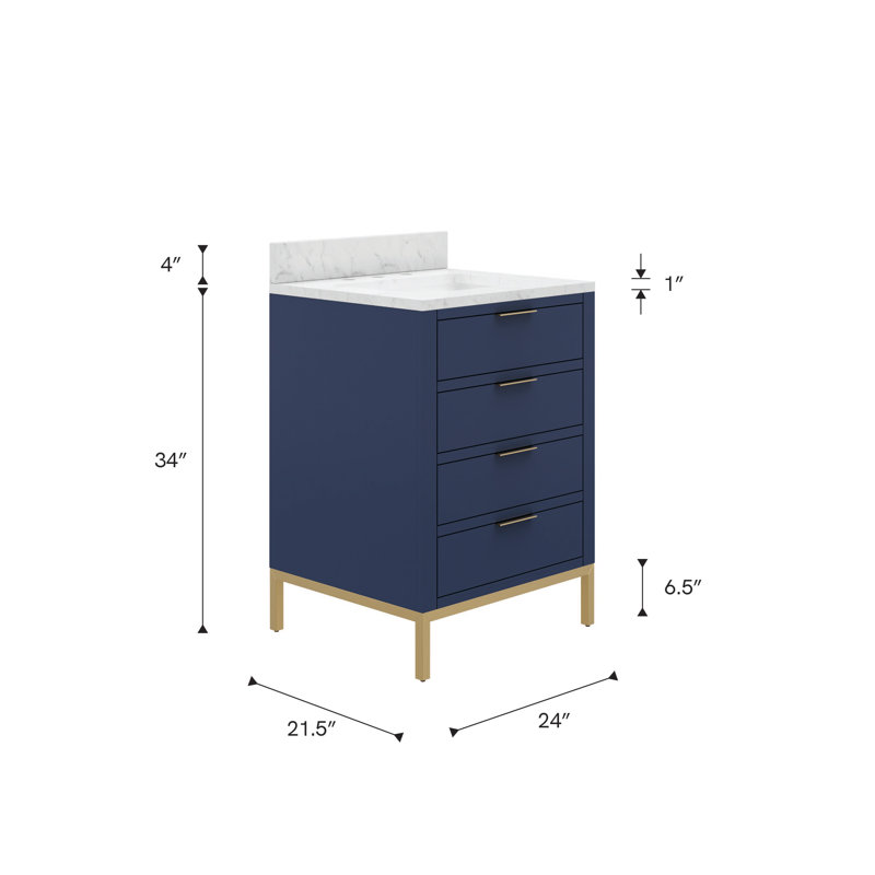 Bristol 24 In. Single Sink Carrara White Marble Countertop Bath Vanity In Monarch Blue With Satin Gold Hook Faucet