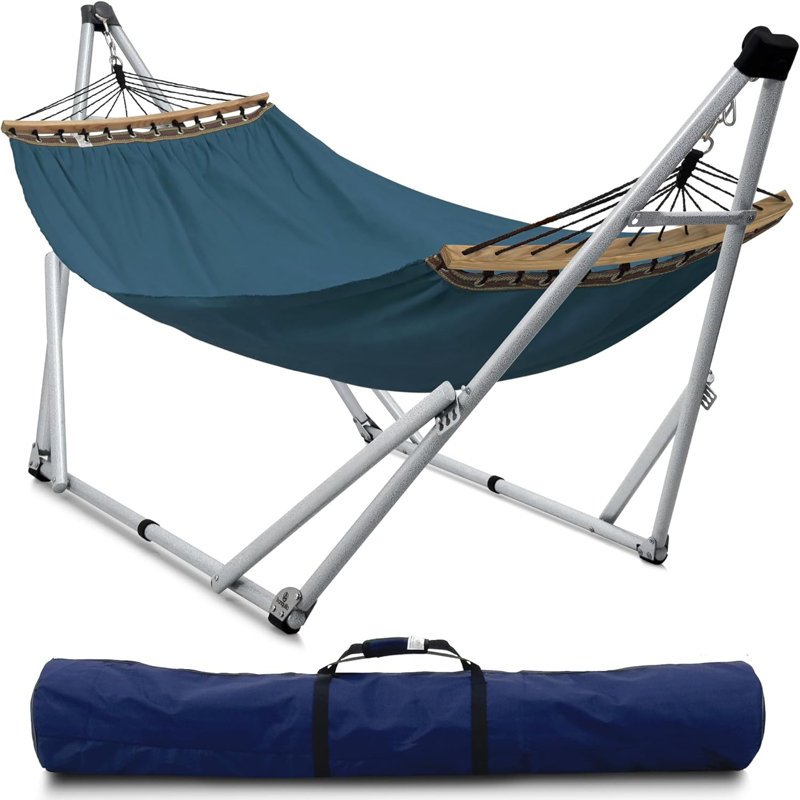 Toile de hamac avec support en acier robuste et rapide, Bleu foncé/blanc