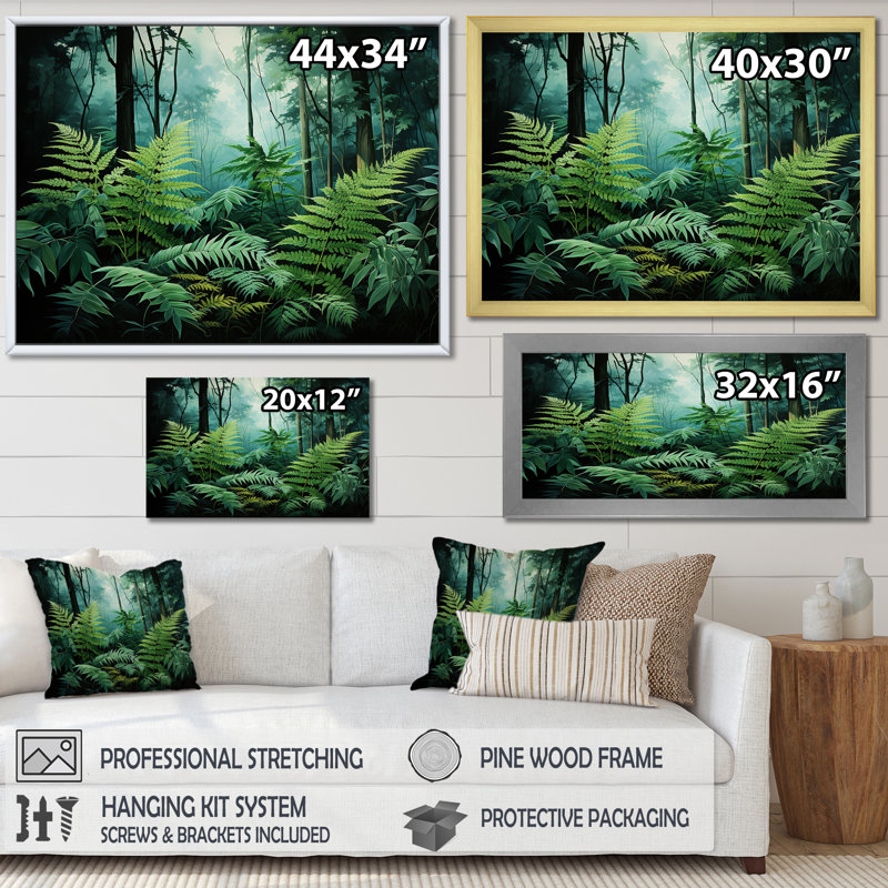 Emerald Green Ferns Forest VI sur impression sur toile, H 30 po x l 40 po x P 1,5 po, Cadre flottant noir