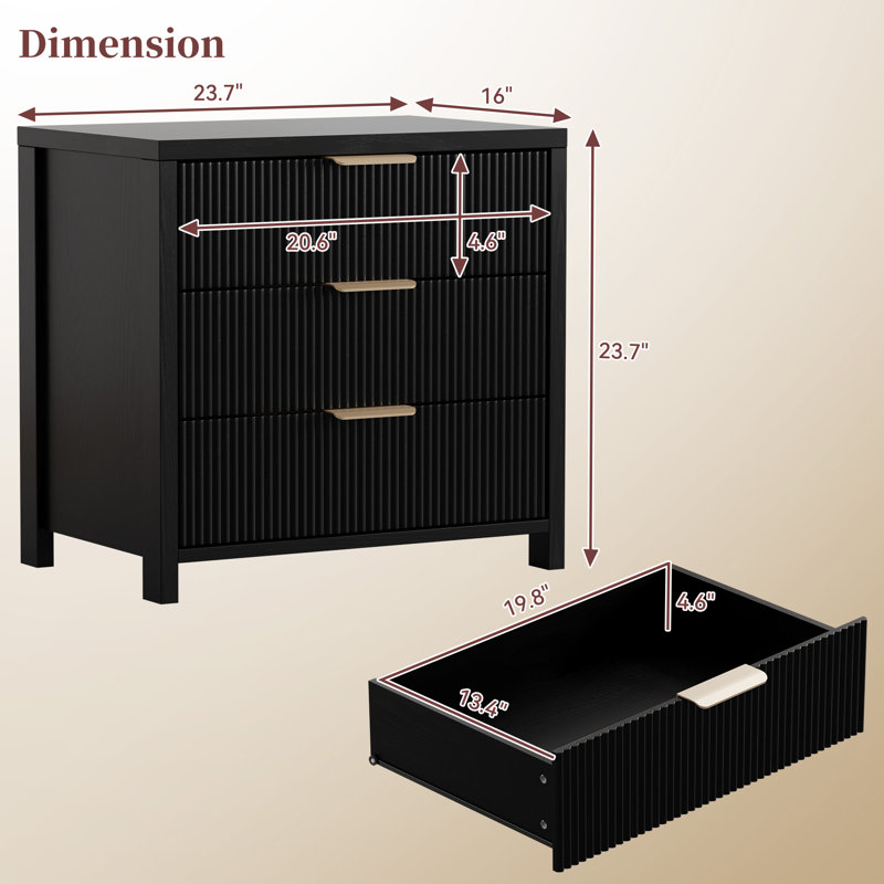 Modern Fluted Bedside Table with 3 Drawers, Black, Set of 2